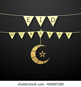 Illustration of Eid Mubarak with intricate moon and calligraphy.