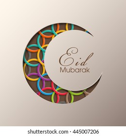 Illustration of Eid Mubarak with intricate moon and calligraphy.