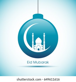 Illustration of Eid Mubarak with intricate moon and mosque for the celebration of Muslim community festival.