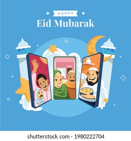 Illustration of Eid mubarak Muslims video call