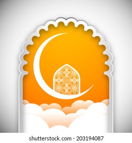 illustration of Eid Mubarak with a view of intricate arabic window resting on a moon.
