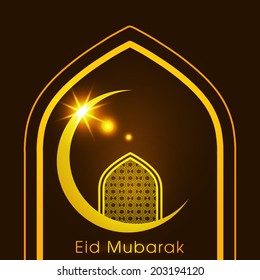 illustration of Eid Mubarak with a view of intricate arabic window resting on a moon.