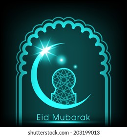 illustration of Eid Mubarak with a view of intricate arabic window resting on a moon.