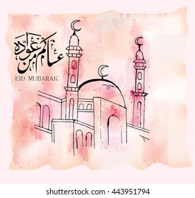 Illustration  of Eid mubark and Aid moubarak. beautiful islamic and arabic background mosque and calligraphy wishes Aid el fitre and el adha greeting moubarak and mabrok for Muslim .eid said and saeed