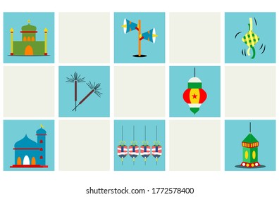 Ilustración de Eid con arreglo azul cuadrado. Ilustración plana. Ilustración vectorial de Eid al-Fitr. Se puede usar para fotos de pared o pegatinas. Listo para imprimir.