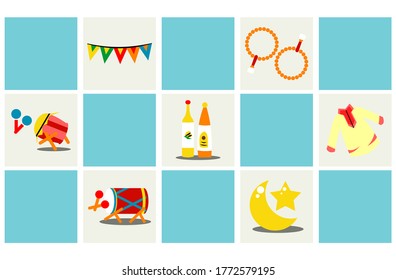 Ilustración de Eid con arreglo azul cuadrado. Ilustración plana. Ilustración vectorial de Eid al-Fitr. Se puede usar para fotos de pared o pegatinas. Listo para imprimir.
