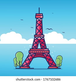 illustration of the eiffel france tower, with the sky so bright, with the birds flying over the tower, vector illustration, stickers, rtc.