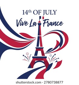 Illustration of Eiffel Tower with French flag and festive ribbons celebrating Bastille Day in France
