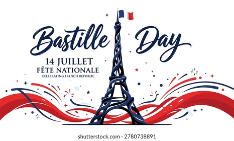 Illustration of Eiffel Tower with French flag colors celebrating Bastille Day, France's national holiday, on July 14th.