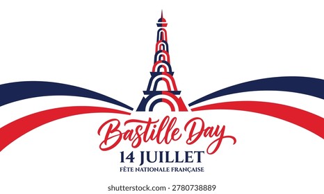 Illustration of the Eiffel Tower with French flags and Bastille Day text, symbolizing French national celebration on July 14th.