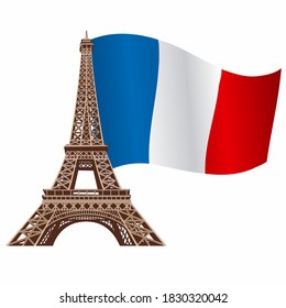 illustration of eiffel tower, landmark with national flag of France