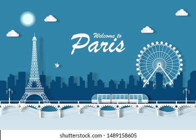 illustration eiffel tower landmarks of paris. paper cut style