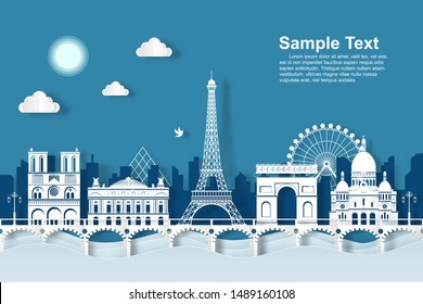 illustration eiffel tower landmarks of paris. paper cut style