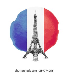 Illustration of Eiffel Tower on the flag of France, vector illustration