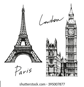 Illustration of Eiffel Tower in Paris, France and Elizabeth Tower (Big Ben) in London, England. Attraction of the world, vector hand drawn sketch