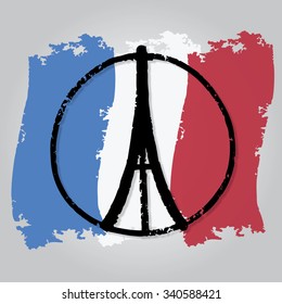 illustration of Eiffel Tower ,peace symbol icon on France flag, doodle hand drawn, Peace for Paris, Pray for Paris, Love Paris