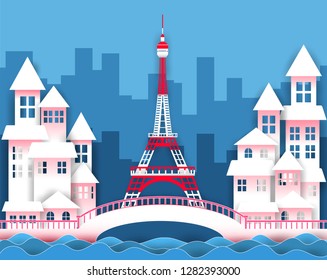 Illustration of the Eiffel Tower with a pink bridge, river and tall buildings.