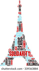 Illustration of the Eiffel Tower with a wordcloud filled with words related to Paris's Killings and solidarity.