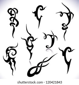 Illustration of eight black small tattoo. Acht. Set. Klein. Vector.