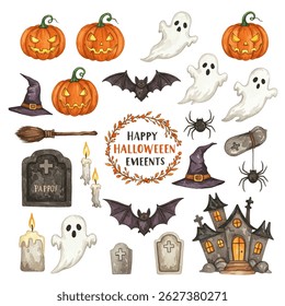 illustration of eight carved Halloween pumpkins with various expressions surrounding a central wreath with the text "Happy Halloween Events." Perfect for festive and spooky holiday designs.