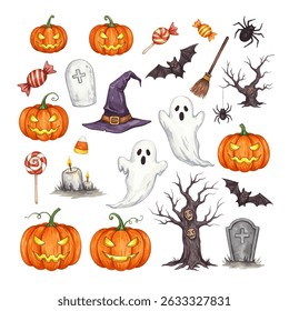 illustration of eight carved Halloween pumpkins with various expressions surrounding a central wreath with the text Happy Halloween Events. Perfect for festive and spooky holiday designs.