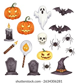 illustration of eight carved Halloween pumpkins with various expressions surrounding a central wreath with the text Happy Halloween Events. Perfect for festive and spooky holiday designs.
