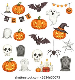 illustration of eight carved Halloween pumpkins with various expressions surrounding a central wreath with the text "Happy Halloween Events." Perfect for festive and spooky holiday designs.