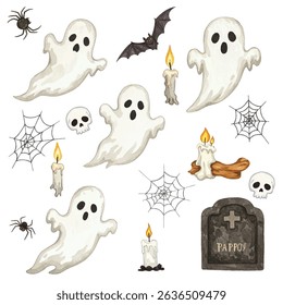 illustration of eight carved Halloween pumpkins with various expressions surrounding a central wreath with the text "Happy Halloween Events." Perfect for festive and spooky holiday designs.