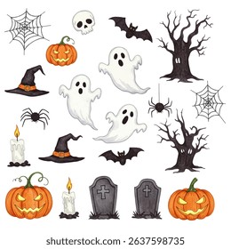 illustration of eight carved Halloween pumpkins with various expressions surrounding a central wreath with the text "Happy Halloween Events." Perfect for festive and spooky holiday designs.