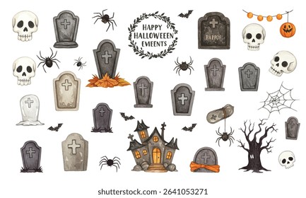 illustration of eight carved Halloween pumpkins with various expressions surrounding a central wreath with the text Happy Halloween Events. Perfect for festive and spooky holiday designs.