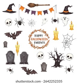 illustration of eight carved Halloween pumpkins with various expressions surrounding a central wreath with the text "Happy Halloween Events." Perfect for festive and spooky holiday designs.