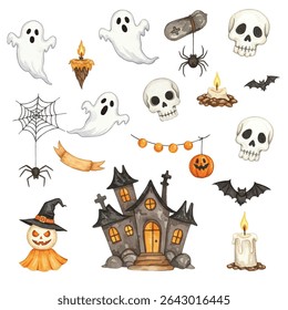 illustration of eight carved Halloween pumpkins with various expressions surrounding a central wreath with the text "Happy Halloween Events." Perfect for festive and spooky holiday designs.