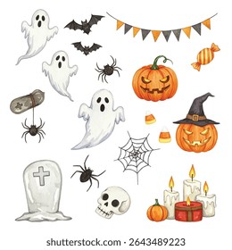 illustration of eight carved Halloween pumpkins with various expressions surrounding a central wreath with the text "Happy Halloween Events." Perfect for festive and spooky holiday designs.