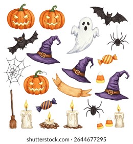 illustration of eight carved Halloween pumpkins with various expressions surrounding a central wreath with the text "Happy Halloween Events." Perfect for festive and spooky holiday designs.
