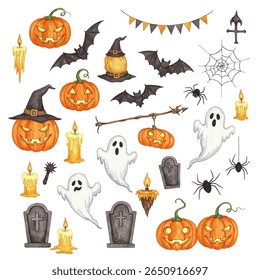 illustration of eight carved Halloween pumpkins with various expressions surrounding a central wreath with the text "Happy Halloween Events." Perfect for festive and spooky holiday designs.