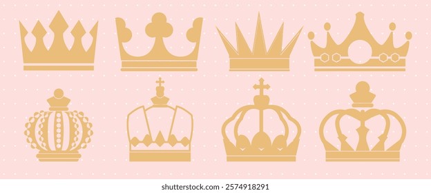 Illustration of eight golden crowns. Crown designs vary, featuring jewels and intricate patterns. Gold crowns symbolize royalty and elegance. Perfect for regal themes. Element vector set.