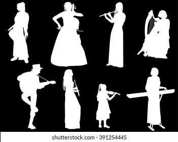 illustration with eight musicians isolated on black background