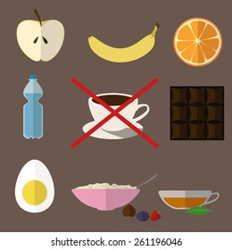 Illustration of eight products that can wake you up better than coffee. Food icons in a flat style.