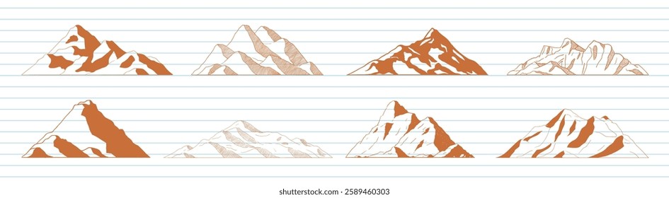 Illustration of eight stylized mountain peaks in brown and white, lined up on a grid background. Each mountain peak has unique patterns and shapes. Nature elements, vector set.