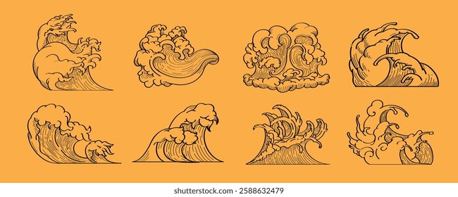 Illustration of eight stylized ocean waves on an orange background. Each wave design showcases unique swirling patterns, emphasizing the dynamic nature of waves. Nature illustrations, element vectors.
