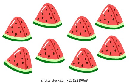 Ilustración de ocho rebanadas triangulares de sandía con pulpa roja, semillas negras y corteza verde dispuestas al azar sobre un fondo blanco.