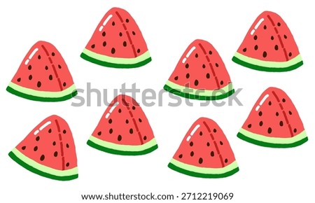 Illustration of eight triangular watermelon slices with red flesh, black seeds, and green rind arranged randomly on a white background.