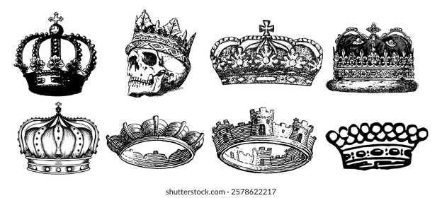 Illustration of eight vintage crowns, including a skull with a crown, ornate designs, and various regal styles. Black and white crown art, vintage crown collection. Vintage elements vector set.