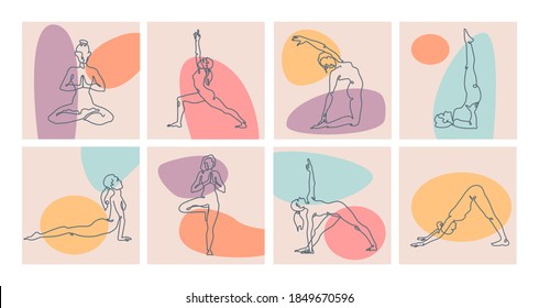 An illustration of eight yoga poses represents the flexibility. Beauty woman is doing exercise for body stretching. Set of yoga sequence Infographic. The contours of the  body. Vector Illustration.