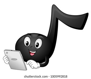 Illustration of an Eighth Note Mascot Browsing a Tablet Computer
