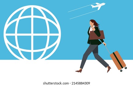 Illustration of an eight-life businessman with a suitcase. Asian women, earth and airplane icons. Overseas business trip. Business image