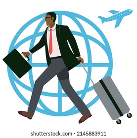 Illustration of an eight-life businessman with a suitcase. Black men, earth and plane icons. Overseas business trip. Business image