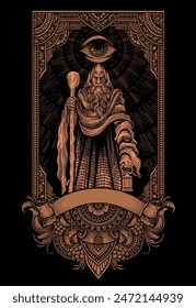 Illustration elder wizard with engraving ornament frame - Vector illustration