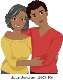 Illustration of an Elderly African-American Mom Posing for the Camera with Her Young Son