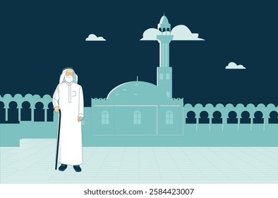 Illustration of an elderly Arab man in traditional attire with a cane, standing in front of a mosque. The artwork highlights Islamic culture, heritage, and spirituality.